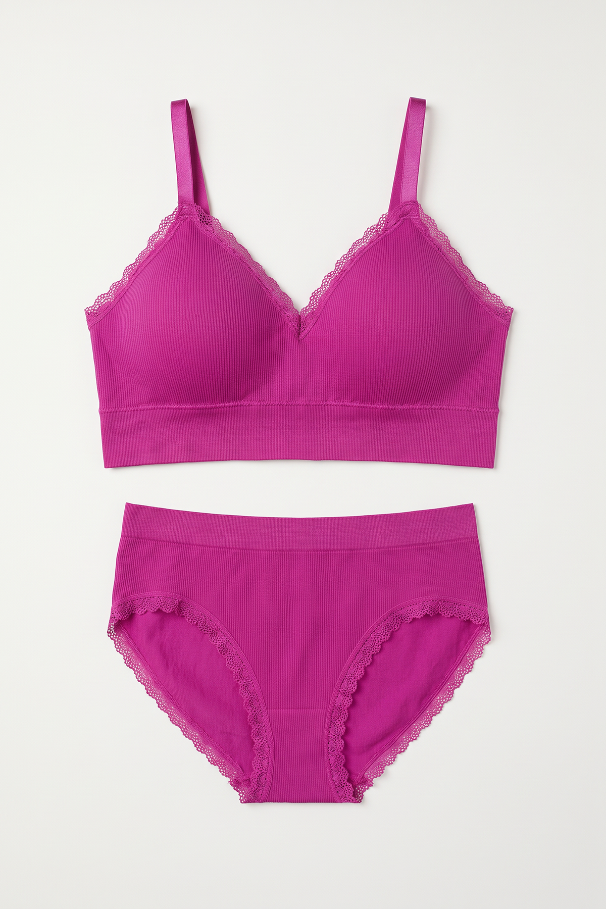 Ribbed Lace Bra & Panty Set - Fuschia