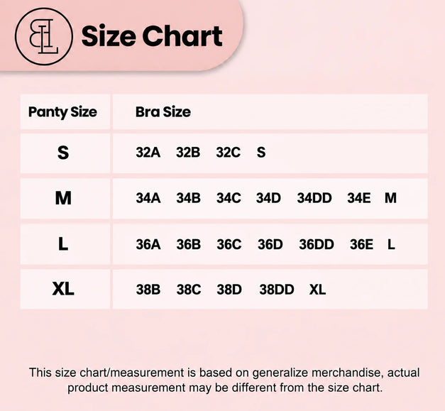 Bra and panty set size chart: panty size S, M, L, XL against bra sizes